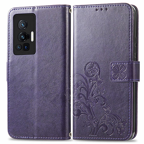 Coque Portefeuille Fleurs Livre Cuir Etui Clapet pour Vivo X70 Pro 5G Violet