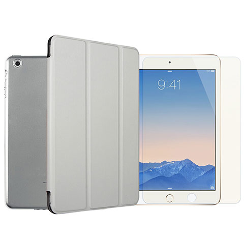Coque Portefeuille Livre Cuir et Verre Trempe Protecteur d'Ecran pour Apple iPad Mini 3 Argent