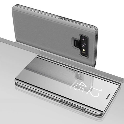 Coque Portefeuille Livre Cuir Miroir Housse Etui Clapet pour Samsung Galaxy Note 9 Argent