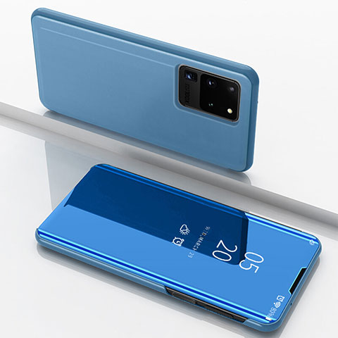 Coque Portefeuille Livre Cuir Miroir Housse Etui Clapet pour Samsung Galaxy S20 Ultra Bleu