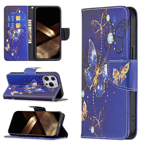 Coque Portefeuille Papillon Livre Cuir Etui Clapet L07 pour Apple iPhone 15 Pro Max Bleu Royal