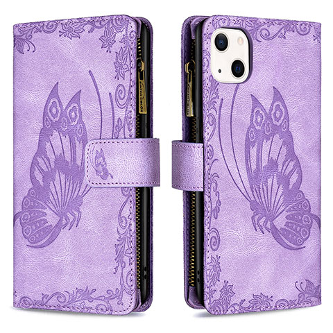 Coque Portefeuille Papillon Livre Cuir Etui Clapet L08 pour Apple iPhone 14 Violet