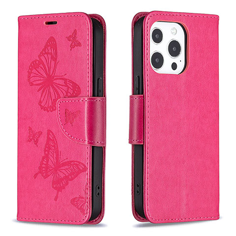 Coque Portefeuille Papillon Livre Cuir Etui Clapet L09 pour Apple iPhone 14 Pro Rose Rouge