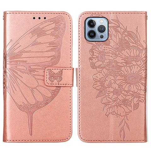 Coque Portefeuille Papillon Livre Cuir Etui Clapet L10 pour Apple iPhone 13 Pro Or Rose