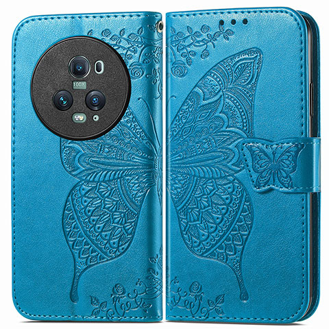 Coque Portefeuille Papillon Livre Cuir Etui Clapet pour Huawei Honor Magic5 Pro 5G Bleu