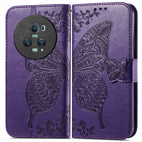 Coque Portefeuille Papillon Livre Cuir Etui Clapet pour Huawei Honor Magic5 Pro 5G Violet