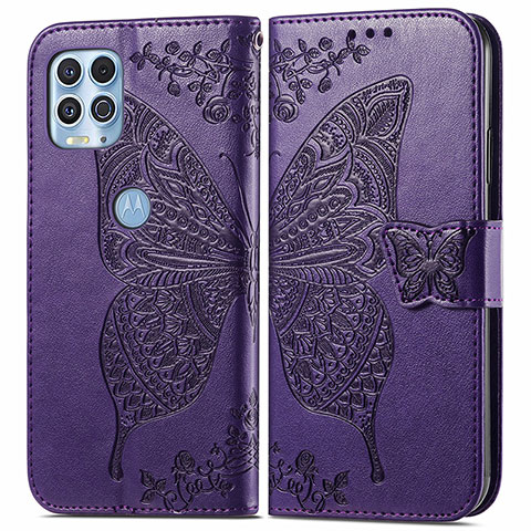 Coque Portefeuille Papillon Livre Cuir Etui Clapet pour Motorola Moto G100 5G Violet