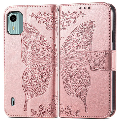 Coque Portefeuille Papillon Livre Cuir Etui Clapet pour Nokia C12 Or Rose