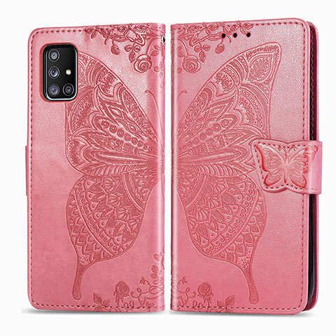 Coque Portefeuille Papillon Livre Cuir Etui Clapet pour Samsung Galaxy A51 4G Rose Rouge