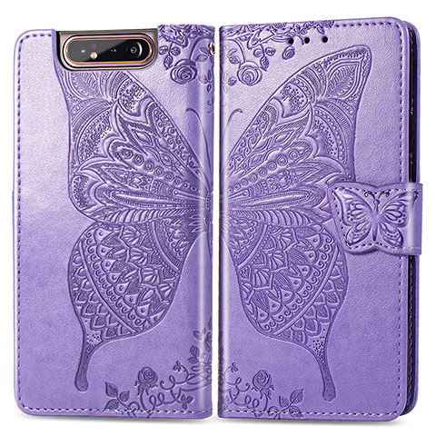 Coque Portefeuille Papillon Livre Cuir Etui Clapet pour Samsung Galaxy A80 Violet Clair