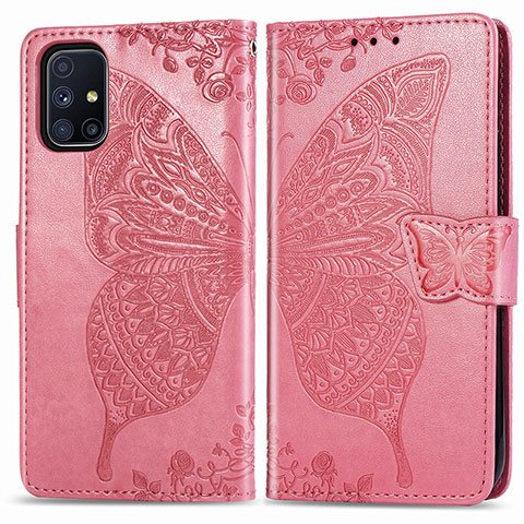 Coque Portefeuille Papillon Livre Cuir Etui Clapet pour Samsung Galaxy M51 Rose Rouge