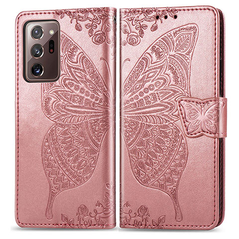 Coque Portefeuille Papillon Livre Cuir Etui Clapet pour Samsung Galaxy Note 20 Ultra 5G Rose