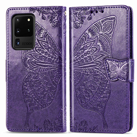 Coque Portefeuille Papillon Livre Cuir Etui Clapet pour Samsung Galaxy S20 Ultra Violet