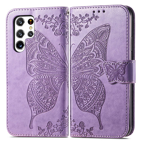 Coque Portefeuille Papillon Livre Cuir Etui Clapet pour Samsung Galaxy S21 Ultra 5G Violet Clair