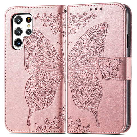 Coque Portefeuille Papillon Livre Cuir Etui Clapet pour Samsung Galaxy S23 Ultra 5G Rose