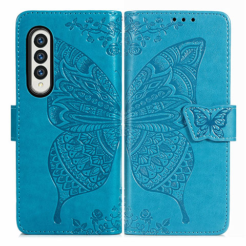 Coque Portefeuille Papillon Livre Cuir Etui Clapet pour Samsung Galaxy Z Fold4 5G Bleu