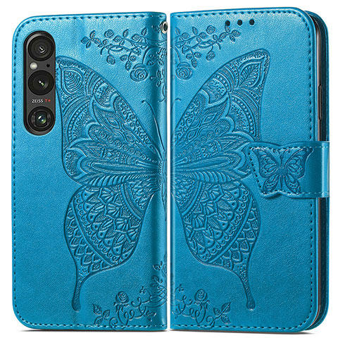 Coque Portefeuille Papillon Livre Cuir Etui Clapet pour Sony Xperia 1 V Bleu