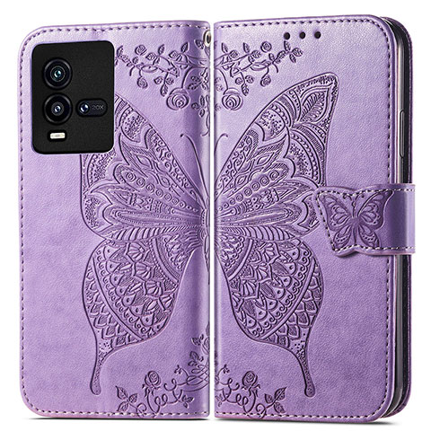 Coque Portefeuille Papillon Livre Cuir Etui Clapet pour Vivo iQOO 10 5G Violet Clair