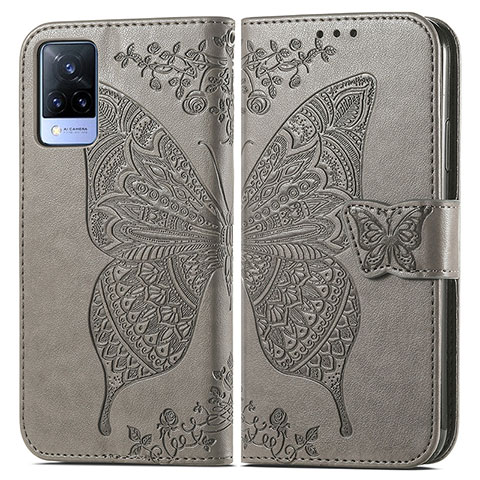 Coque Portefeuille Papillon Livre Cuir Etui Clapet pour Vivo V21 5G Gris