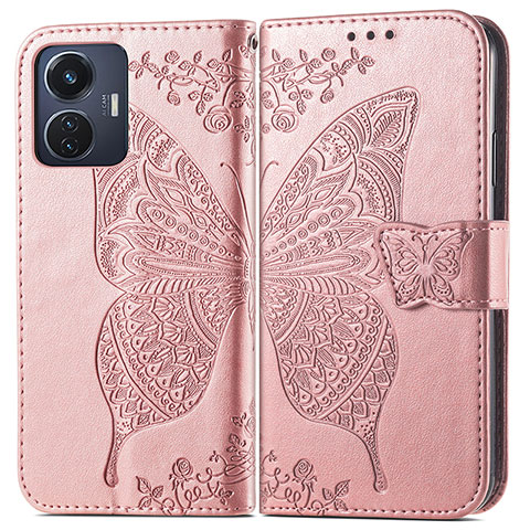 Coque Portefeuille Papillon Livre Cuir Etui Clapet pour Vivo Y55 4G Rose