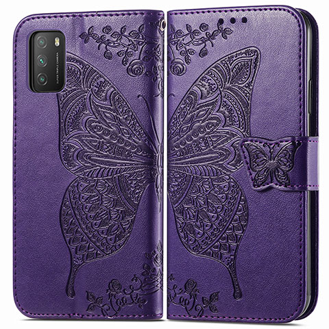 Coque Portefeuille Papillon Livre Cuir Etui Clapet pour Xiaomi Poco M3 Violet