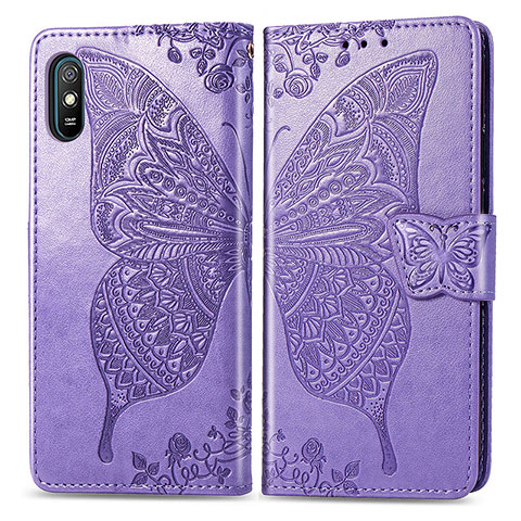 Coque Portefeuille Papillon Livre Cuir Etui Clapet pour Xiaomi Redmi 9A Violet Clair