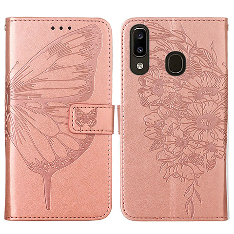 Coque Portefeuille Papillon Livre Cuir Etui Clapet Y01B pour Samsung Galaxy A20 Or Rose