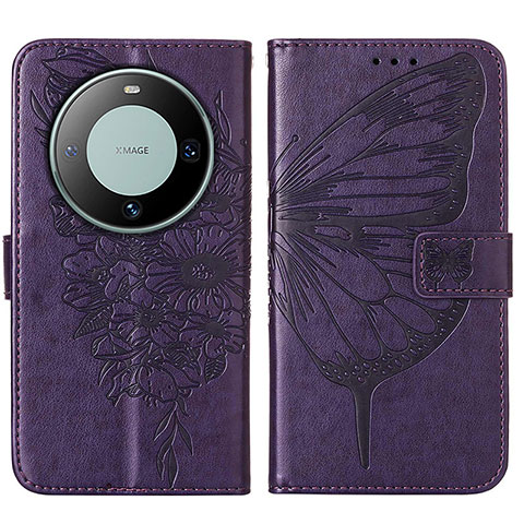 Coque Portefeuille Papillon Livre Cuir Etui Clapet YB2 pour Huawei Mate 60 Violet