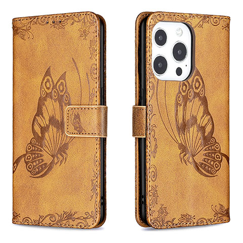 Coque Portefeuille Papillon Livre Cuir Etui Clapet Z01 pour Apple iPhone 15 Pro Marron