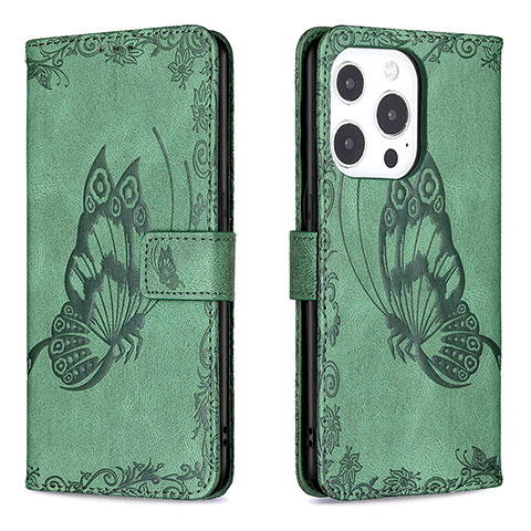 Coque Portefeuille Papillon Livre Cuir Etui Clapet Z01 pour Apple iPhone 15 Pro Vert