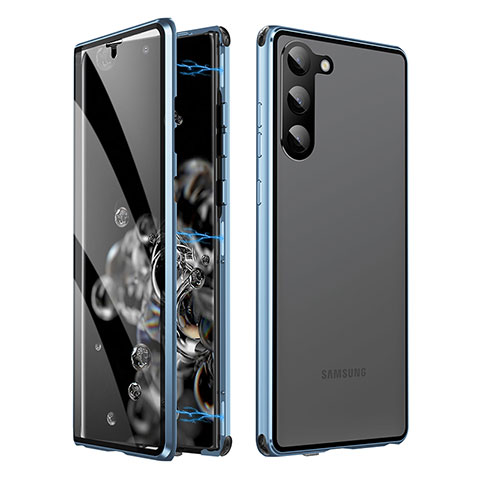 Coque Rebord Bumper Luxe Aluminum Metal Miroir 360 Degres Housse Etui Aimant LK1 pour Samsung Galaxy S22 Plus 5G Bleu