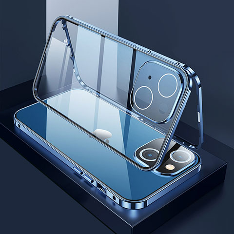 Coque Rebord Bumper Luxe Aluminum Metal Miroir 360 Degres Housse Etui Aimant M01 pour Apple iPhone 14 Plus Bleu