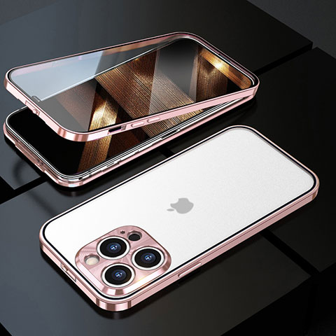 Coque Rebord Bumper Luxe Aluminum Metal Miroir 360 Degres Housse Etui Aimant M01 pour Apple iPhone 14 Pro Max Or Rose
