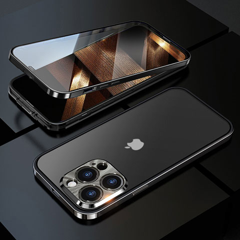Coque Rebord Bumper Luxe Aluminum Metal Miroir 360 Degres Housse Etui Aimant M01 pour Apple iPhone 14 Pro Noir