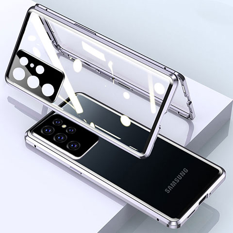 Coque Rebord Bumper Luxe Aluminum Metal Miroir 360 Degres Housse Etui Aimant M01 pour Samsung Galaxy S21 Ultra 5G Argent