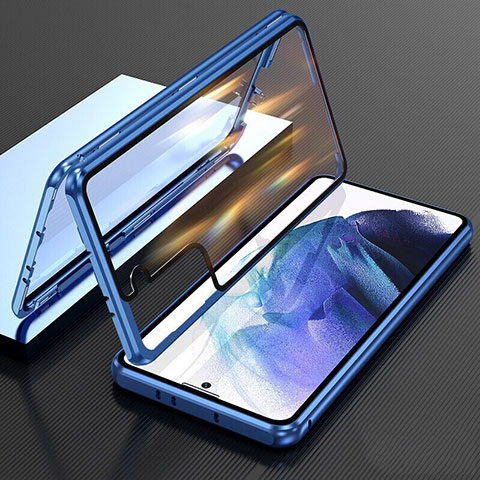 Coque Rebord Bumper Luxe Aluminum Metal Miroir 360 Degres Housse Etui Aimant M01 pour Samsung Galaxy S22 5G Bleu