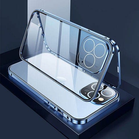 Coque Rebord Bumper Luxe Aluminum Metal Miroir 360 Degres Housse Etui Aimant M02 pour Apple iPhone 13 Pro Max Bleu