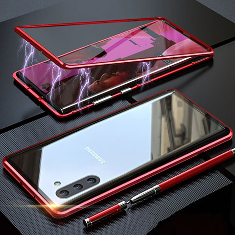 Coque Rebord Bumper Luxe Aluminum Metal Miroir 360 Degres Housse Etui Aimant M02 pour Samsung Galaxy Note 10 Rouge