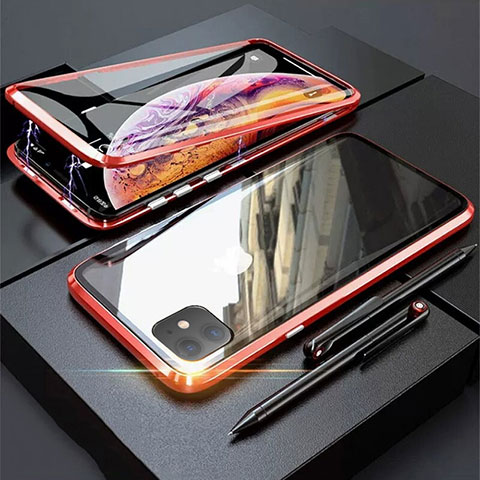 Coque Rebord Bumper Luxe Aluminum Metal Miroir 360 Degres Housse Etui Aimant M03 pour Apple iPhone 11 Rouge