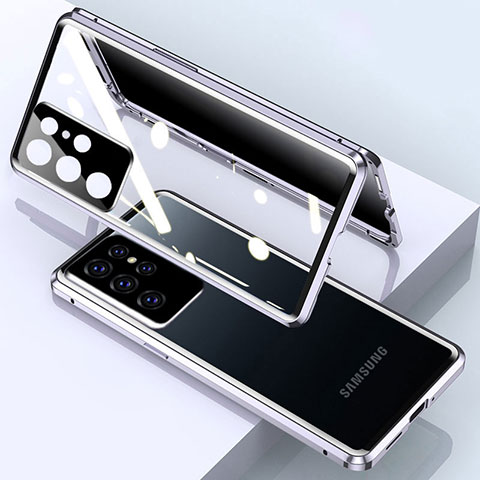 Coque Rebord Bumper Luxe Aluminum Metal Miroir 360 Degres Housse Etui Aimant M03 pour Samsung Galaxy S22 Ultra 5G Argent
