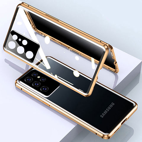 Coque Rebord Bumper Luxe Aluminum Metal Miroir 360 Degres Housse Etui Aimant M03 pour Samsung Galaxy S22 Ultra 5G Or