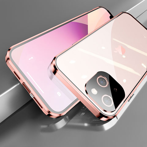Coque Rebord Bumper Luxe Aluminum Metal Miroir 360 Degres Housse Etui Aimant M05 pour Apple iPhone 14 Or Rose
