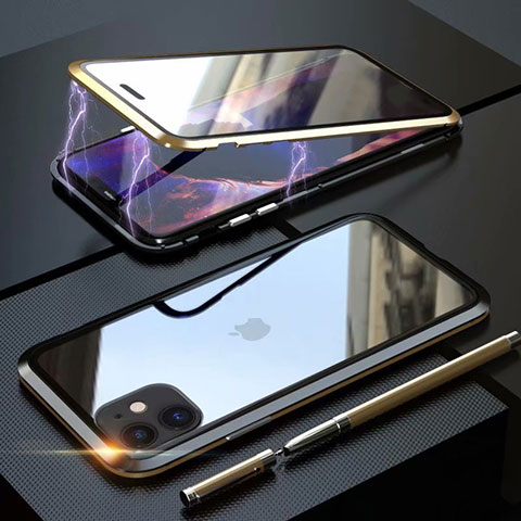 Coque Rebord Bumper Luxe Aluminum Metal Miroir 360 Degres Housse Etui Aimant M08 pour Apple iPhone 11 Or et Noir