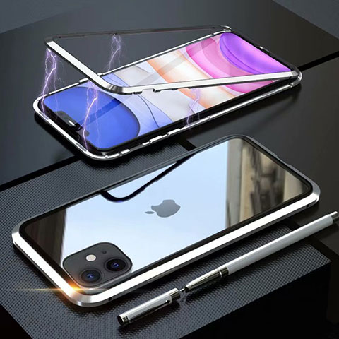 Coque Rebord Bumper Luxe Aluminum Metal Miroir 360 Degres Housse Etui Aimant M09 pour Apple iPhone 11 Argent