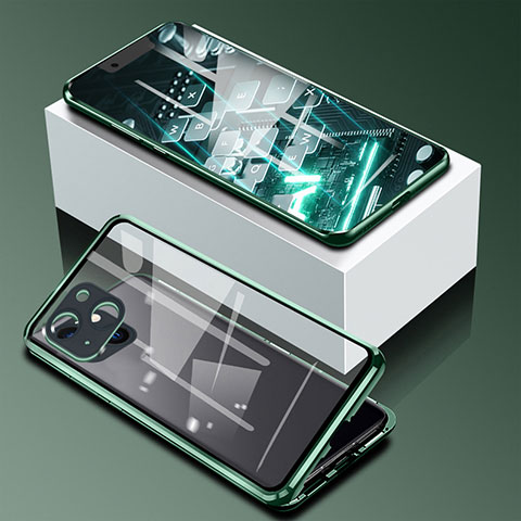 Coque Rebord Bumper Luxe Aluminum Metal Miroir 360 Degres Housse Etui Aimant M09 pour Apple iPhone 14 Vert
