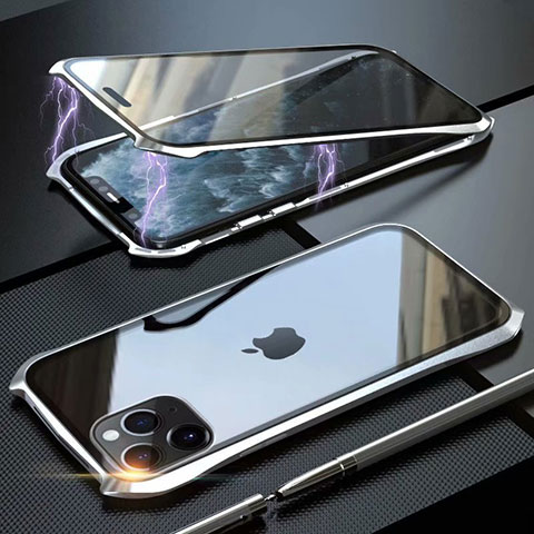 Coque Rebord Bumper Luxe Aluminum Metal Miroir 360 Degres Housse Etui Aimant M10 pour Apple iPhone 11 Pro Max Argent