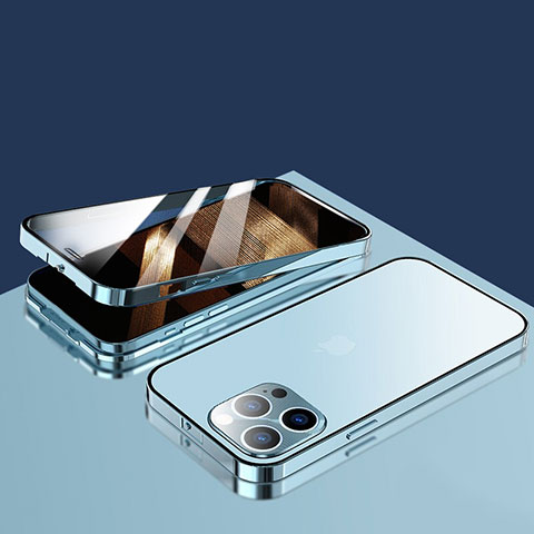 Coque Rebord Bumper Luxe Aluminum Metal Miroir 360 Degres Housse Etui Aimant M10 pour Apple iPhone 15 Pro Bleu