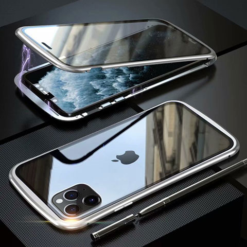 Coque Rebord Bumper Luxe Aluminum Metal Miroir 360 Degres Housse Etui Aimant M11 pour Apple iPhone 11 Pro Max Argent