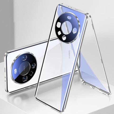 Coque Rebord Bumper Luxe Aluminum Metal Miroir 360 Degres Housse Etui Aimant P01 pour Huawei Mate 60 Argent