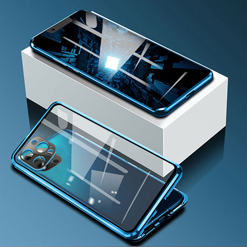 Coque Rebord Bumper Luxe Aluminum Metal Miroir 360 Degres Housse Etui Aimant pour Apple iPhone 13 Pro Max Bleu